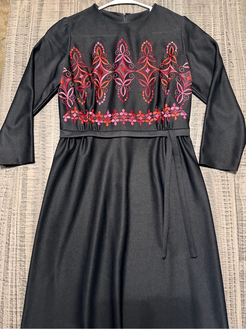 70’s Berkshire Black Maxi Dress with Pink & Red Embroidery